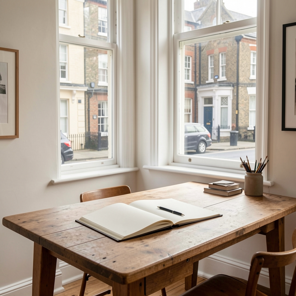 Light-filled editorial studio interior with a wooden desk, open notebook, and window overlooking a quiet London street in soft morning light